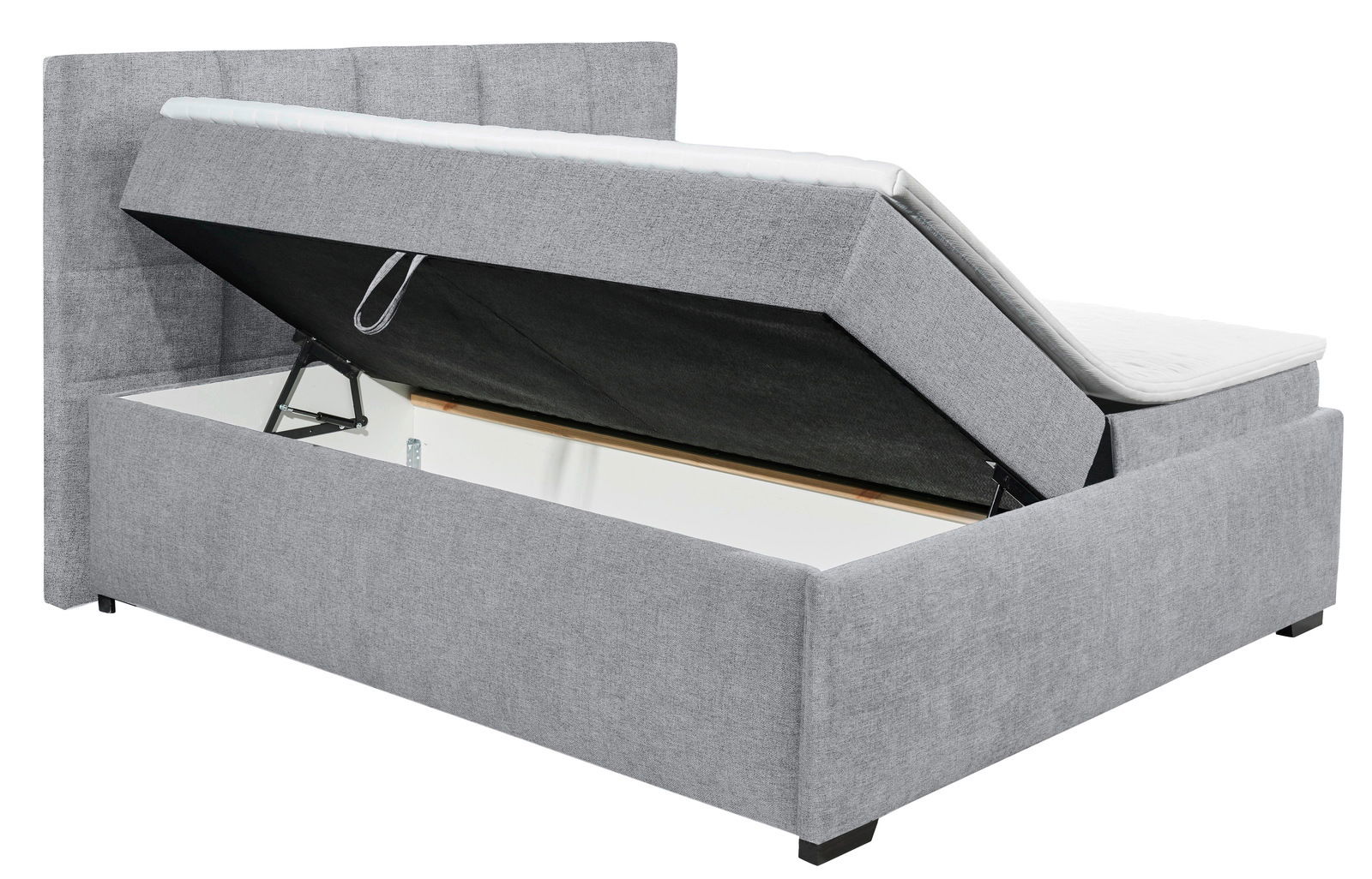 Graues Polsterbett mit hochgeklappter Matratze und Stauraum, seitliche Perspektive