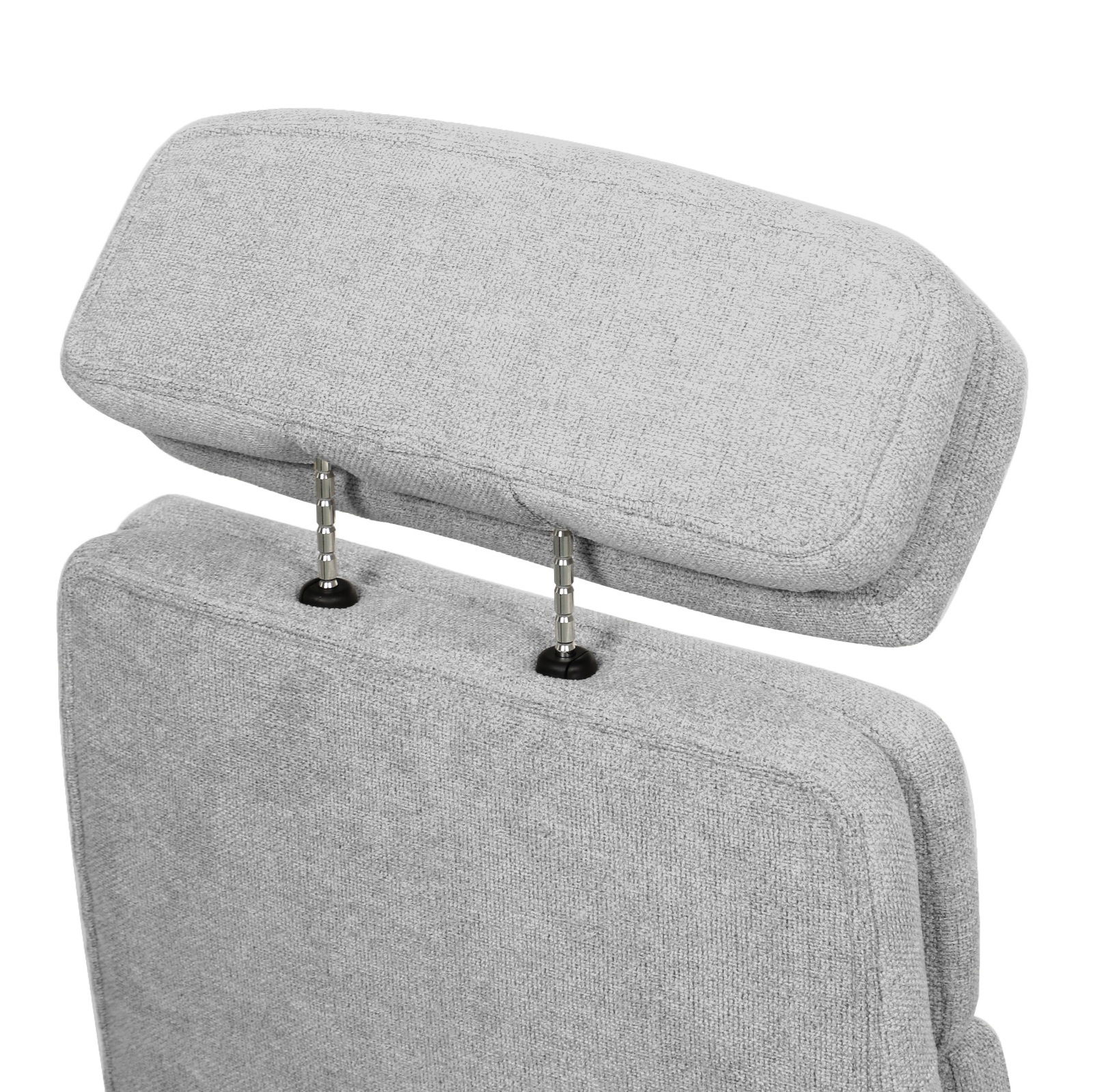 Rückansicht eines grauen Chefsessels mit verstellbarer Kopfstütze
