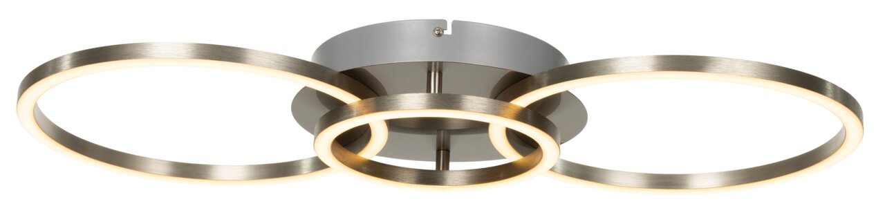 Moderne led-plafondlamp met drie in elkaar grijpende ringen, zijaanzicht