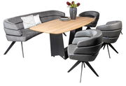 Essgruppe mit modernem Esstisch aus Holz und grauen Polstermöbeln, bestehend aus einer Sitzbank und drei Sesseln, seitliche Perspektive