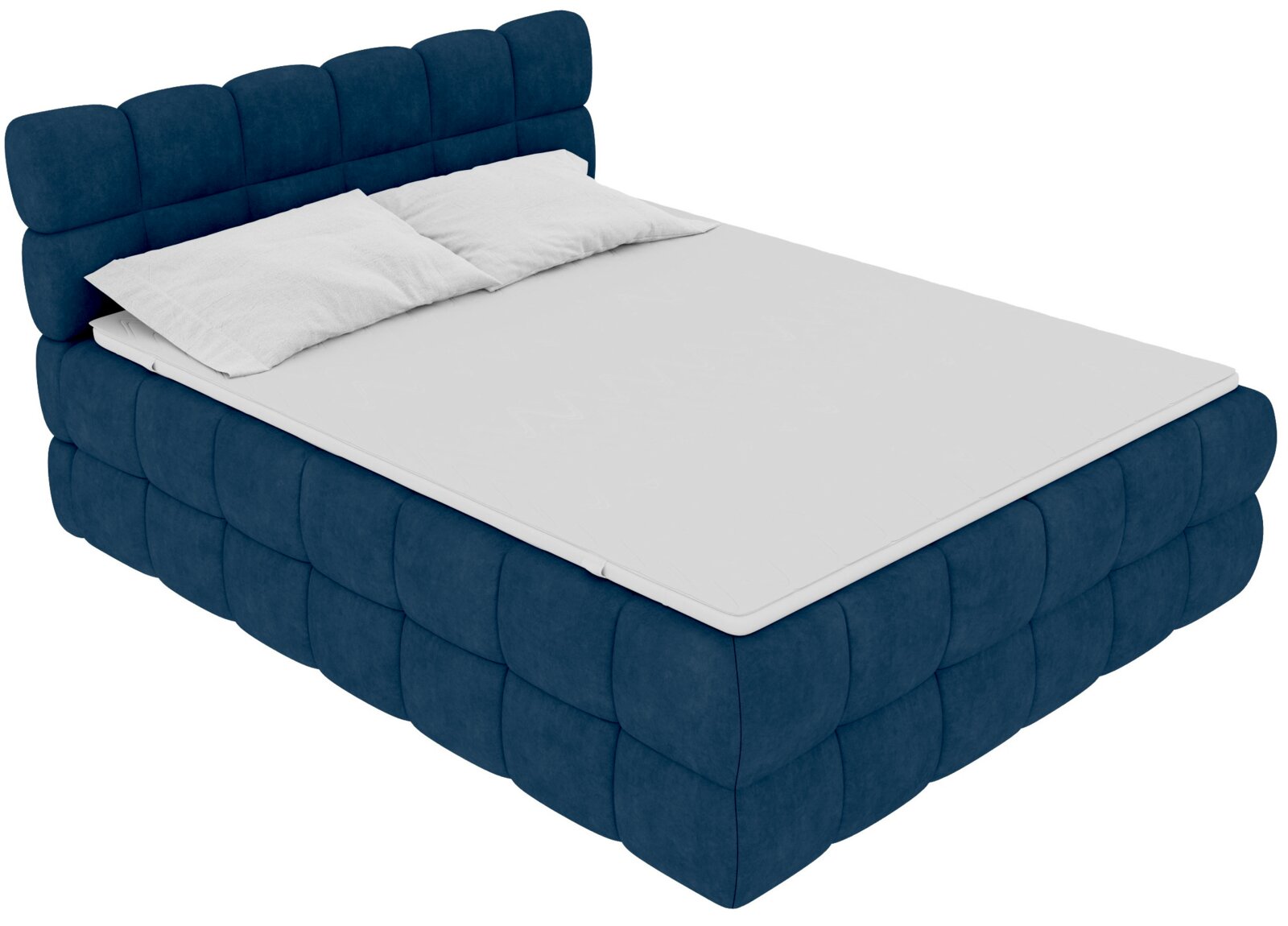 Z2 Boxspringbed TERNI Blaues, gepolstertes Polsterbett mit quadratisch abgestepptem Kopfteil und Bettgestell, mit weißer Matratze und zwei weißen Kissen, freigestellt; Ansicht schräg von vorne oben