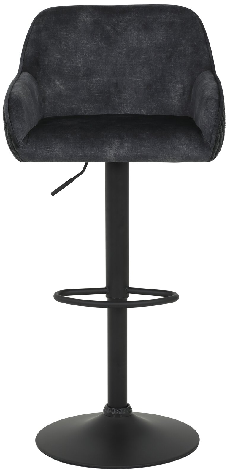 Moderner Barhocker in schwarzem Stoff mit Armlehnen und verstellbarer Höhe, Vorderansicht
