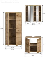 Badkombination aus Holz mit Spiegeln, bestehend aus einem hohen Schrank mit offenen Fächern und einem kleineren Unterschrank. Perspektive zeigt Vorder- und Seitenansicht.