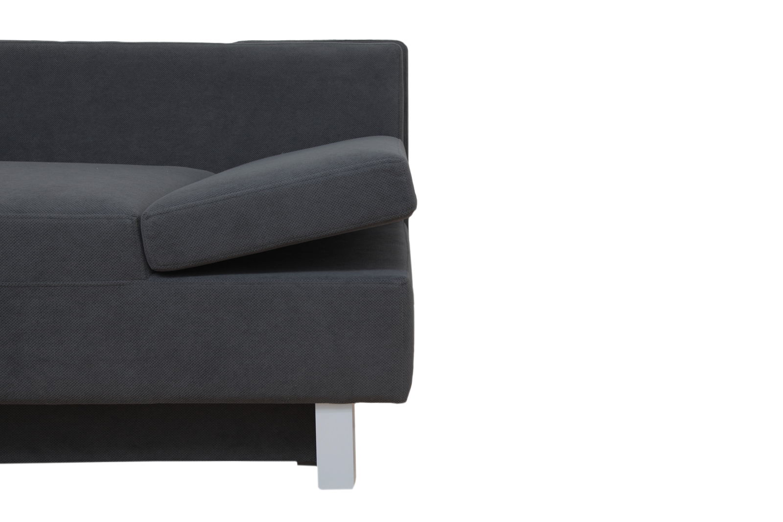 Seitliche Ansicht eines grauen Funktionssofas mit Armlehne und weißem Bein.