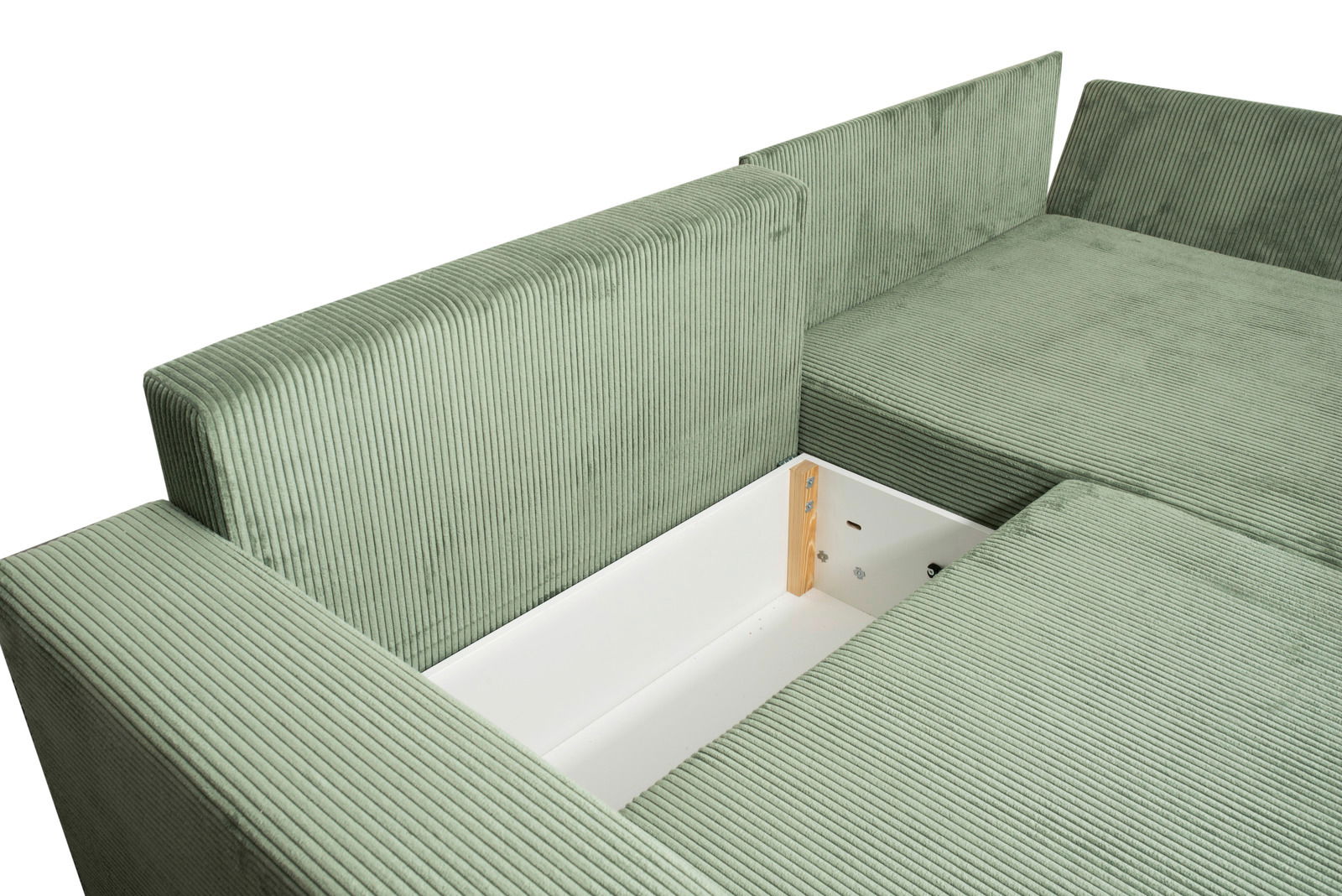 Grünes Ecksofa mit Stauraum, Ansicht von oben