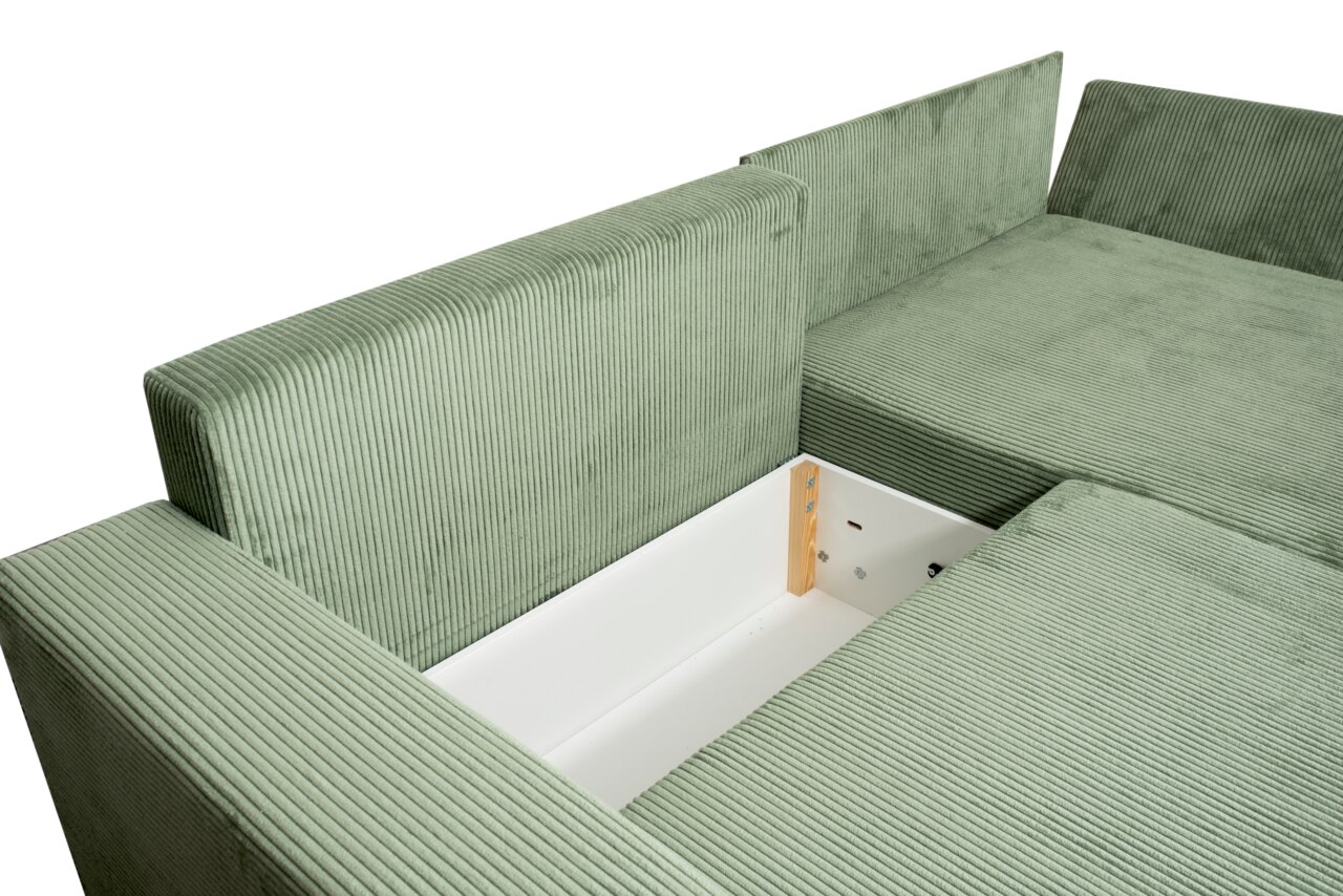 Grünes Ecksofa mit Stauraum, Ansicht von oben