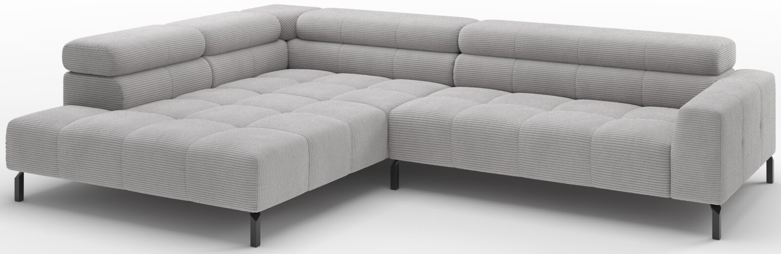 Lichtgrijze ribstof hoekbank met chaise longue links, gecapitonneerde zittingen en zwarte metalen poten, getoond in schuin vooraanzicht