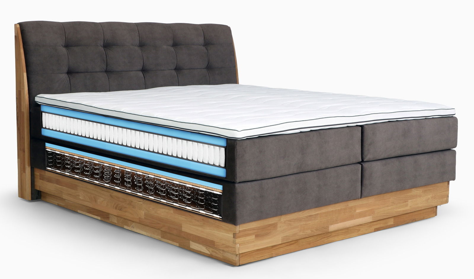 Boxspringbett mit grauem, gepolstertem Kopfteil und sichtbarem Schichtaufbau, seitliche Perspektive