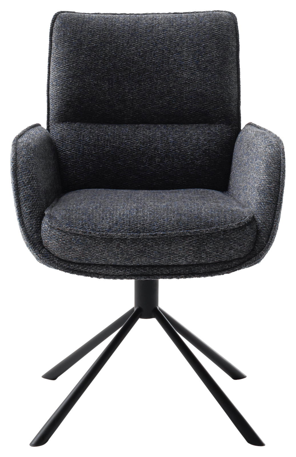 Moderner Armlehnstuhl ISABEL in dunklem Stoffbezug mit schwarzem Metallgestell, Frontalansicht.