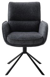 Moderner Armlehnstuhl ISABEL in dunklem Stoffbezug mit schwarzem Metallgestell, Frontalansicht.