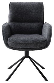 Moderner Armlehnstuhl ISABEL in dunklem Stoffbezug mit schwarzem Metallgestell, Frontalansicht.