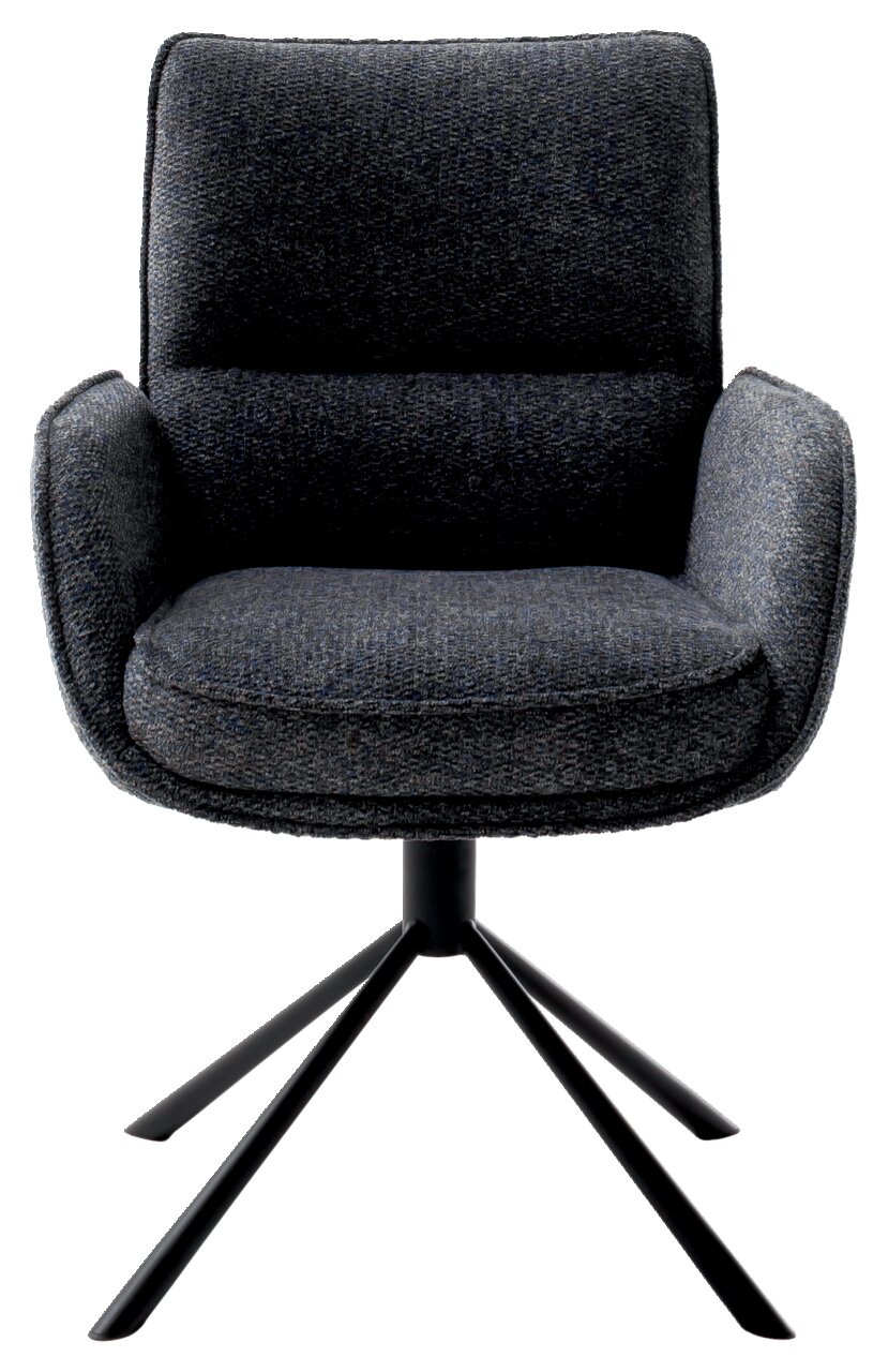 Moderner Armlehnstuhl ISABEL in dunklem Stoffbezug mit schwarzem Metallgestell, Frontalansicht.