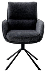 Moderner Armlehnstuhl ISABEL in dunklem Stoffbezug mit schwarzem Metallgestell, Frontalansicht.