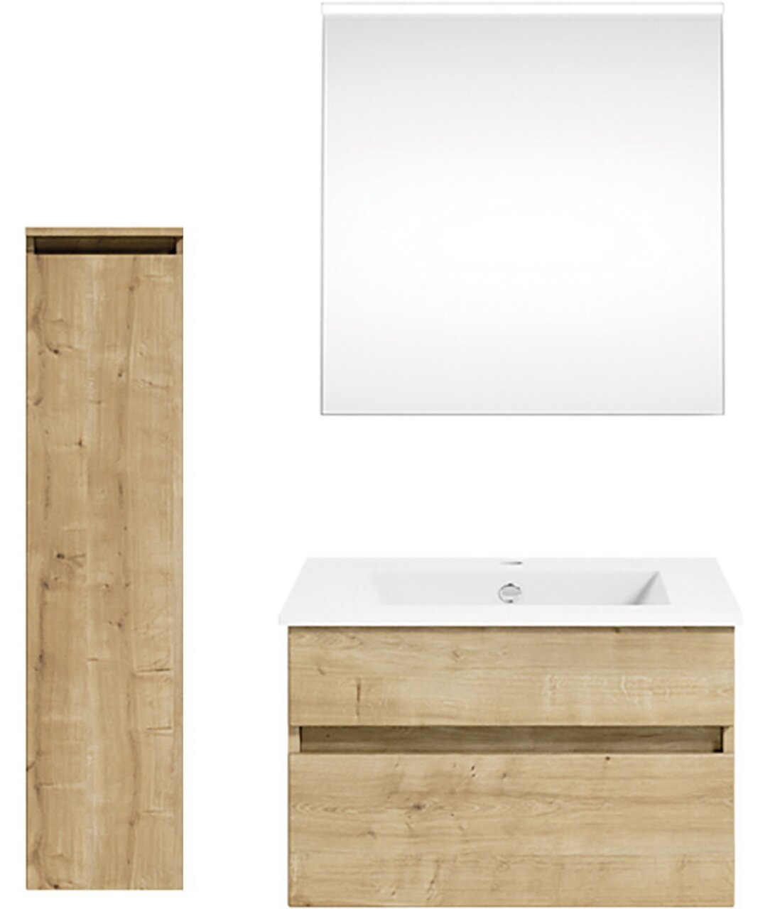 Puris Badkombination GET2YOU 21 Frontale Ansicht einer Badkombination mit Holzoptik, bestehend aus einem hohen Schrank, einem Waschbeckenunterschrank und einem Spiegel.