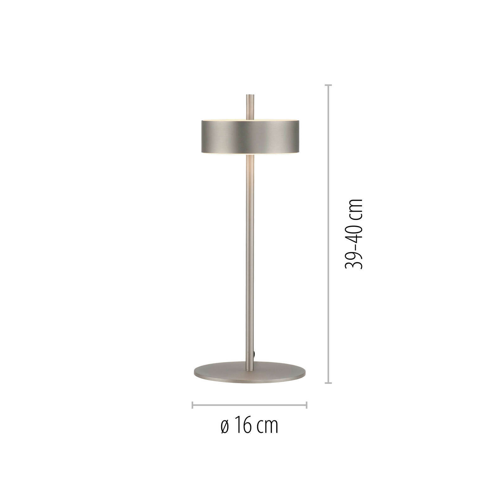 Moderne Tischleuchte Q-ROTATE in silberner Farbe, zylindrischer Lampenschirm, seitliche Ansicht, Höhe 39-40 cm, Durchmesser 16 cm.