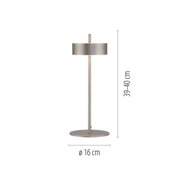 Moderne Tischleuchte Q-ROTATE in silberner Farbe, zylindrischer Lampenschirm, seitliche Ansicht, Höhe 39-40 cm, Durchmesser 16 cm.