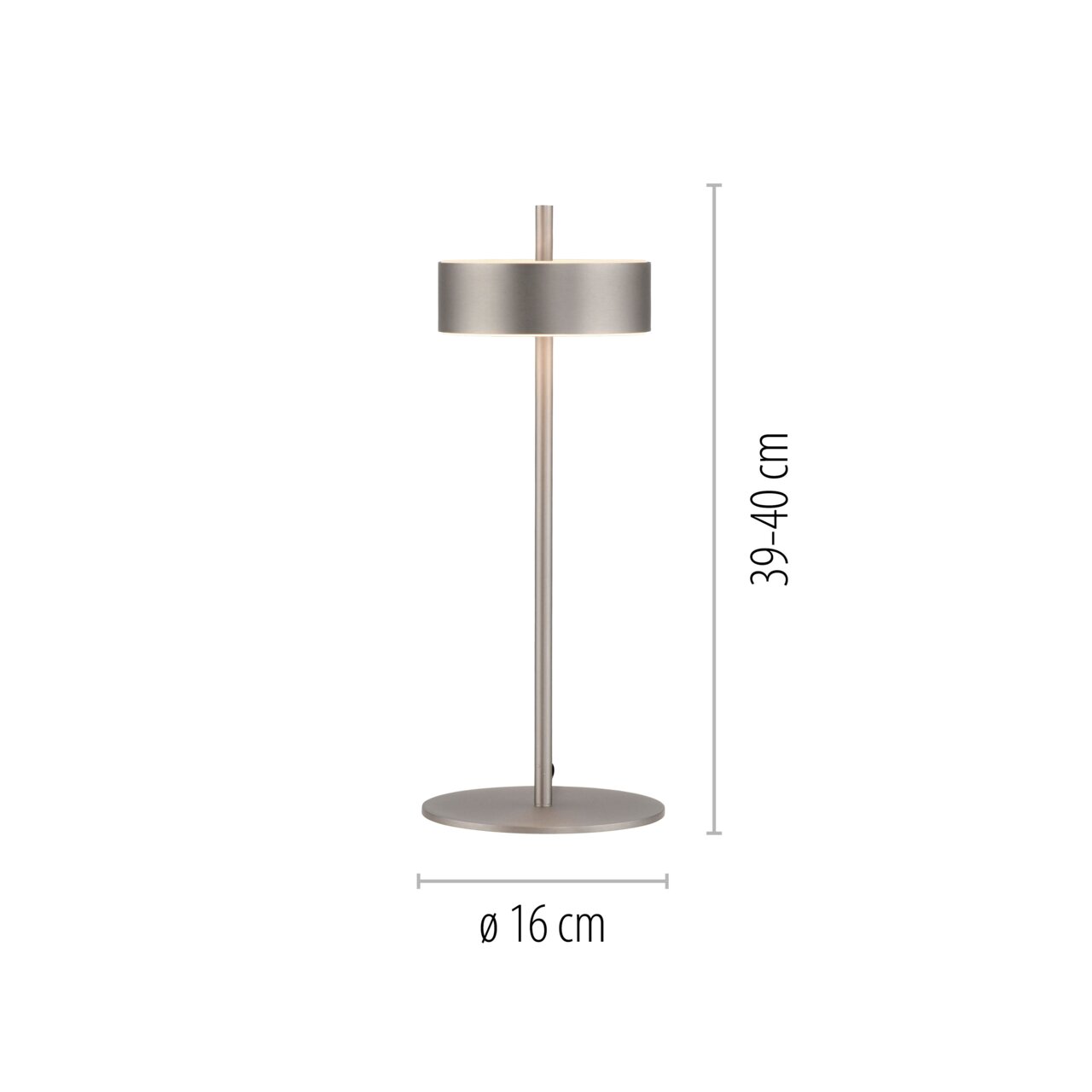 Moderne Tischleuchte Q-ROTATE in silberner Farbe, zylindrischer Lampenschirm, seitliche Ansicht, Höhe 39-40 cm, Durchmesser 16 cm.
