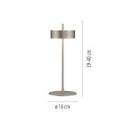 Moderne Tischleuchte Q-ROTATE in silberner Farbe, zylindrischer Lampenschirm, seitliche Ansicht, Höhe 39-40 cm, Durchmesser 16 cm.