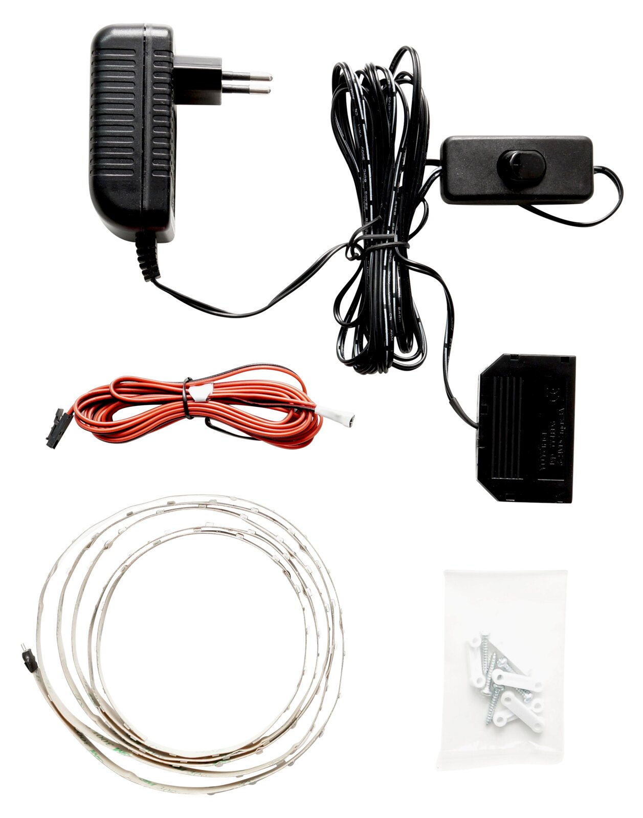 LED-Lichtband-Set mit Netzteil (EU-Stecker), langem Kabel mit Ein-/Ausschalter, Batterie-/Controllerbox, rotem Anschlusskabel und Montagematerial, Draufsicht auf weißem Hintergrund