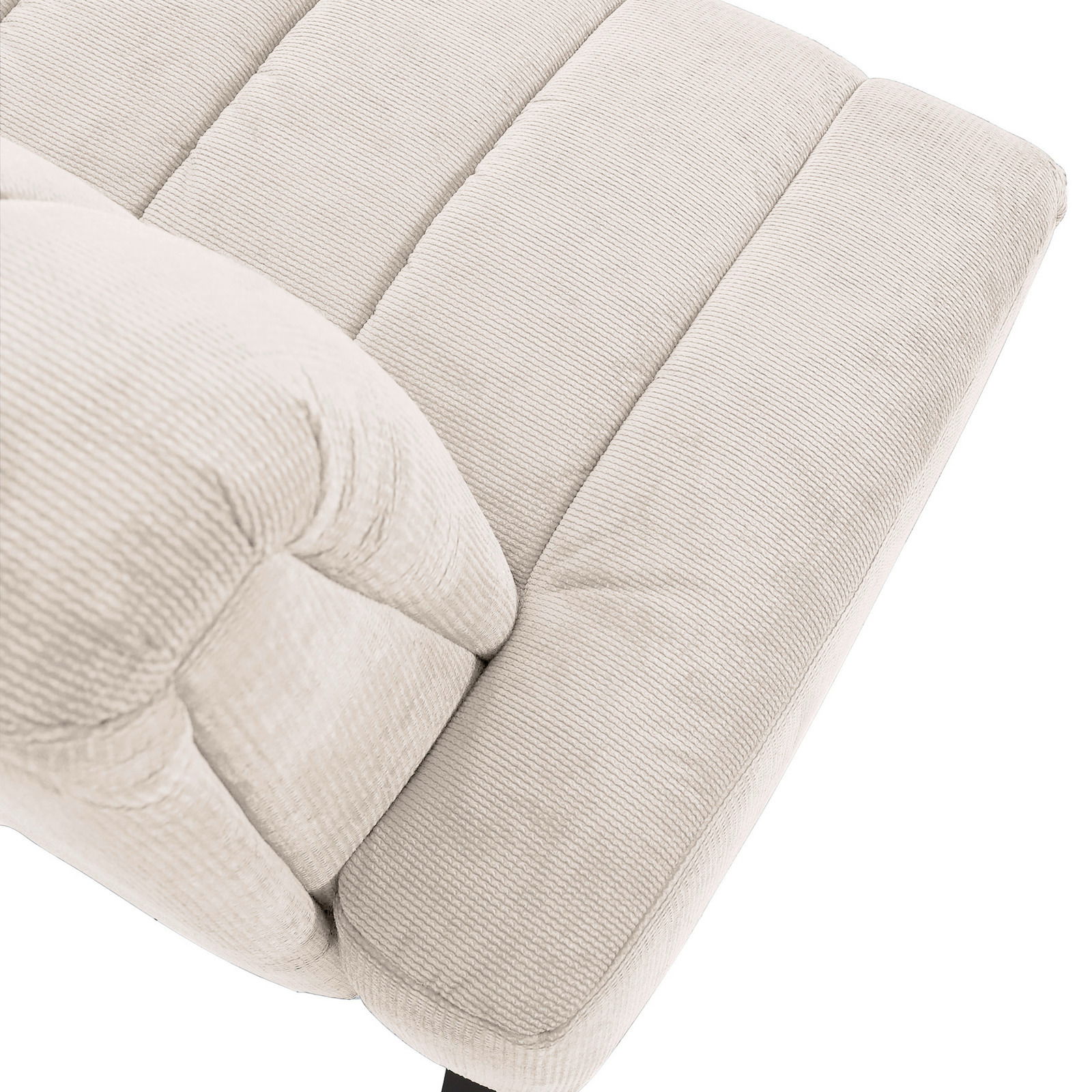 Nahaufnahme einer cremefarbenen 2er-Sitzbank mit weichem, geripptem Stoffbezug, von oben betrachtet.