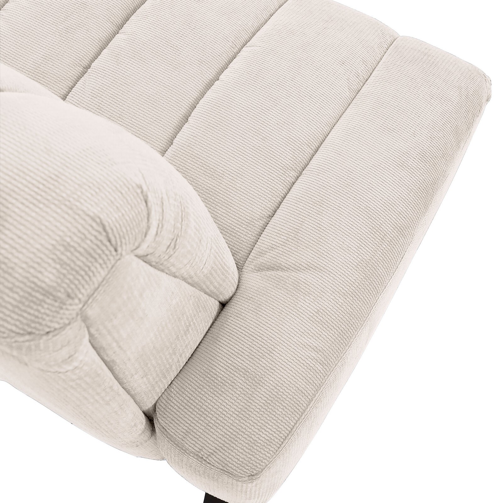 Nahaufnahme einer cremefarbenen 2er-Sitzbank mit weichem, geripptem Stoffbezug, von oben betrachtet.