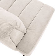 Nahaufnahme einer cremefarbenen 2er-Sitzbank mit weichem, geripptem Stoffbezug, von oben betrachtet.