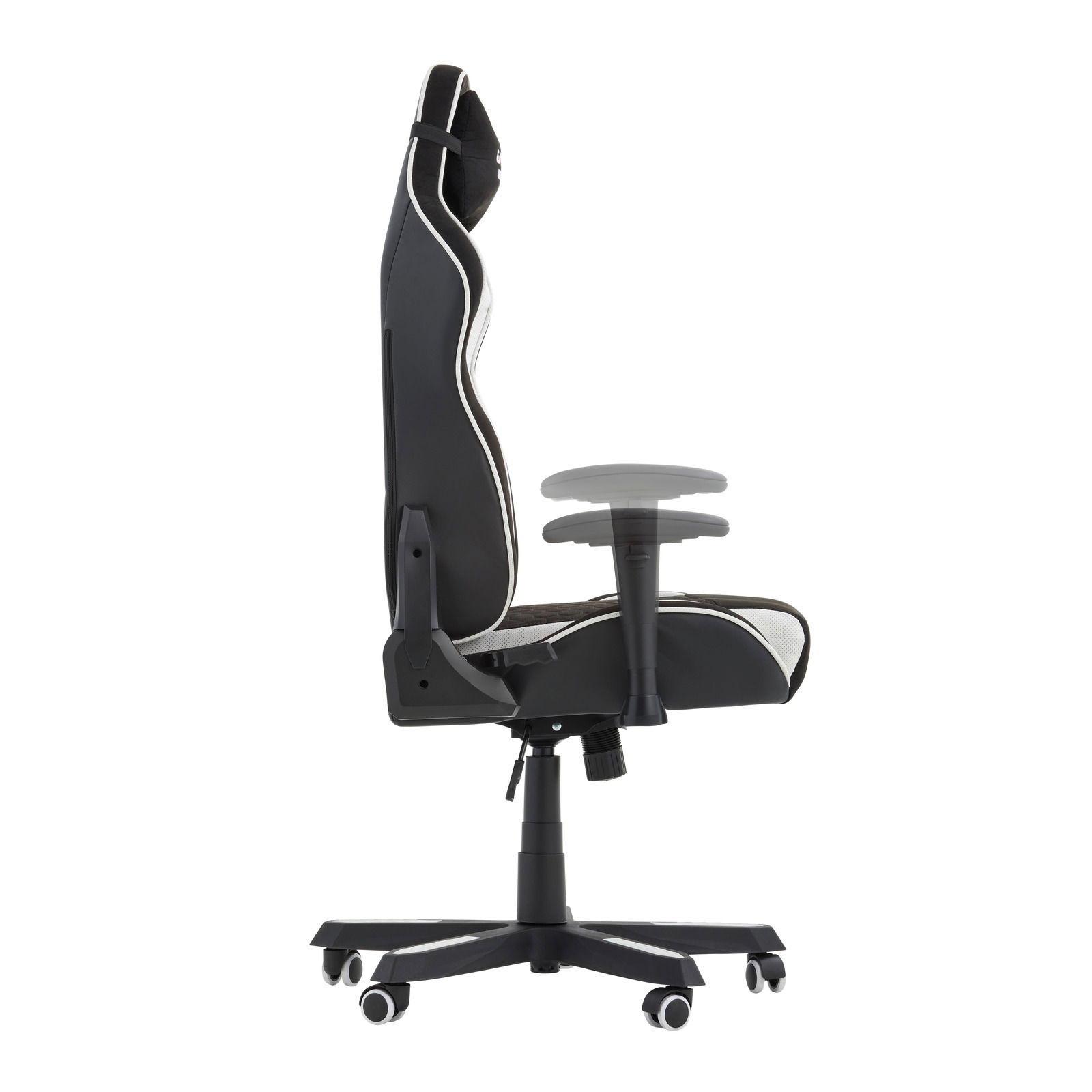 Seitliche Ansicht eines Gaming Stuhls mit verstellbaren Armlehnen und ergonomischem Design.