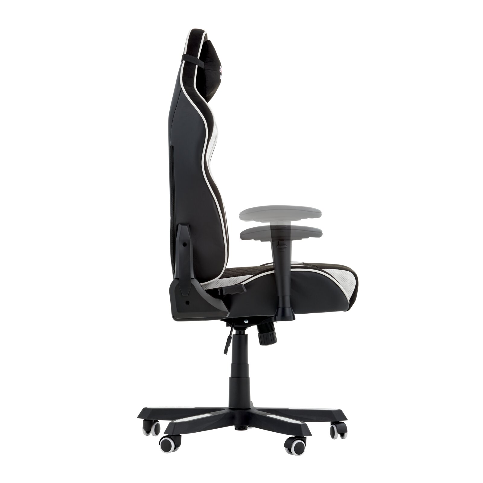 Zijaanzicht van een gamingstoel met verstelbare armleuningen en een ergonomisch ontwerp.