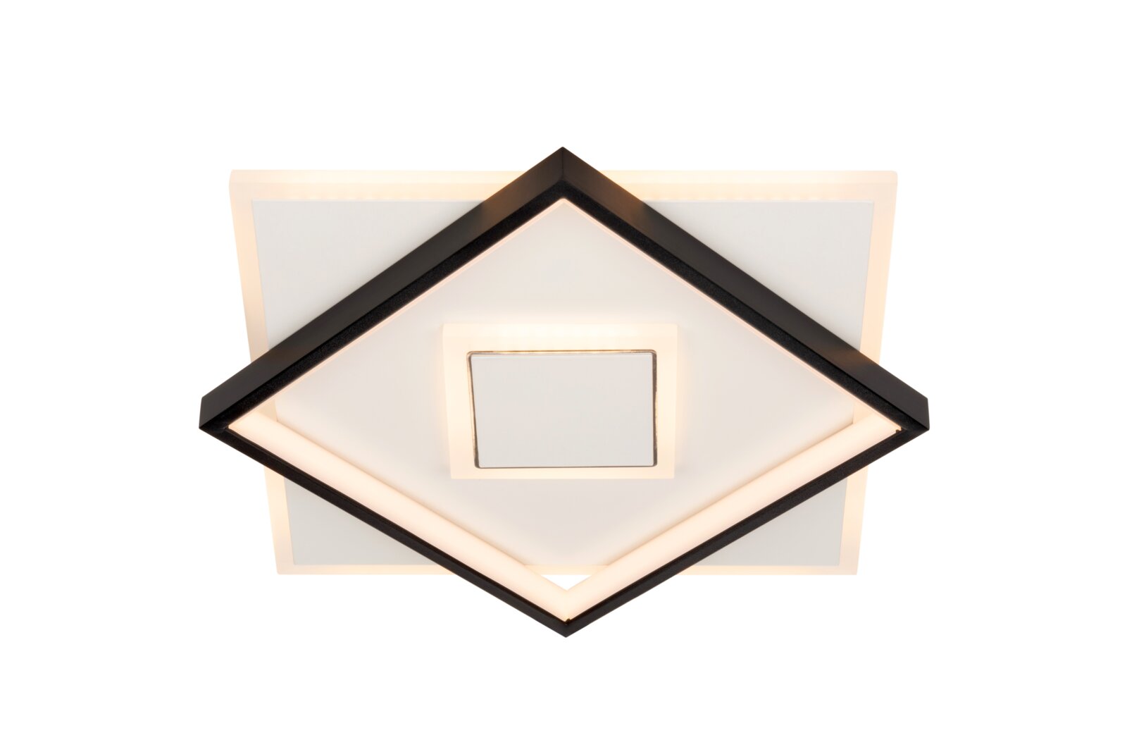 Moderne LED-Deckenleuchte in quadratischer Form, von unten betrachtet, mit schwarzem Rahmen und warmweißer Beleuchtung.