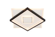 Moderne LED-Deckenleuchte in quadratischer Form, von unten betrachtet, mit schwarzem Rahmen und warmweißer Beleuchtung.