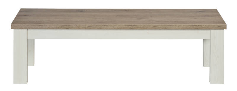 Holz-Sitzbank mit weißem Gestell und brauner Sitzfläche, frontale Ansicht