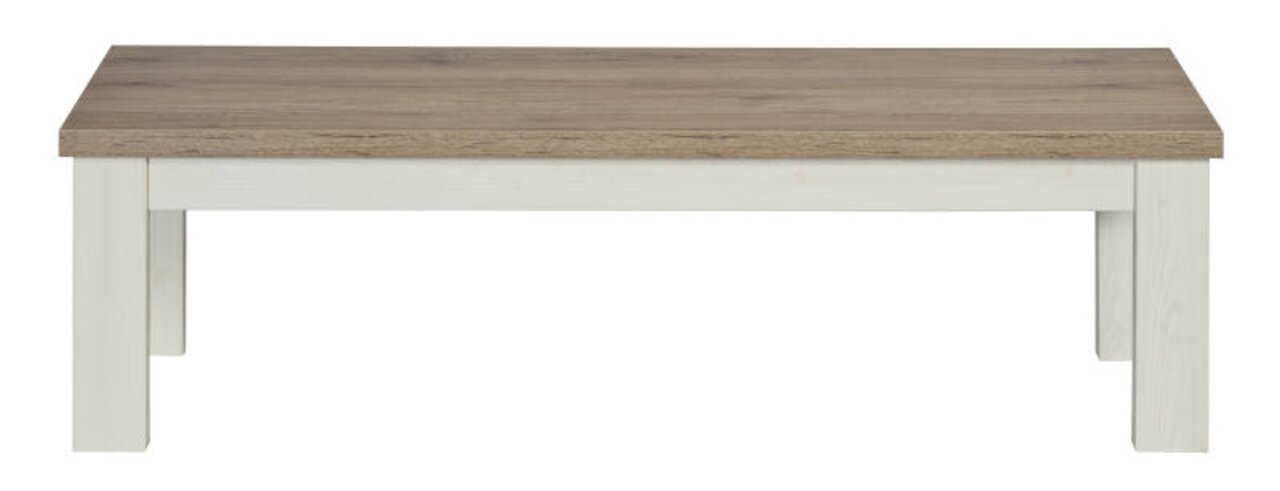 Holz-Sitzbank mit weißem Gestell und brauner Sitzfläche, frontale Ansicht