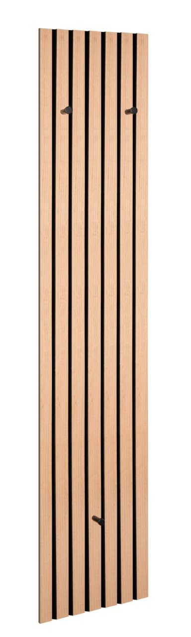 Schmale Wandgarderobe aus Holz mit vertikalen schwarzen Streifen und drei Haken, seitliche Perspektive