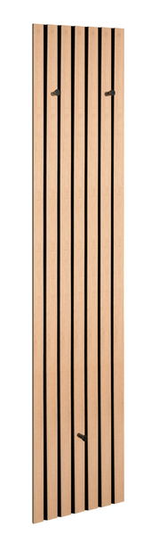 Schmale Wandgarderobe aus Holz mit vertikalen schwarzen Streifen und drei Haken, seitliche Perspektive