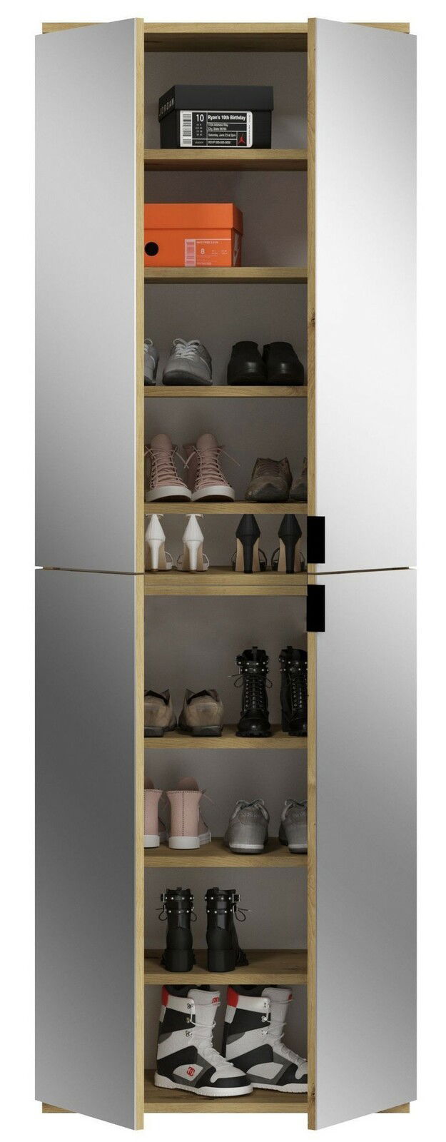 Garderobenschrank mit offenen Türen, gefüllt mit verschiedenen Schuhen und Kartons, aus der Frontalperspektive.