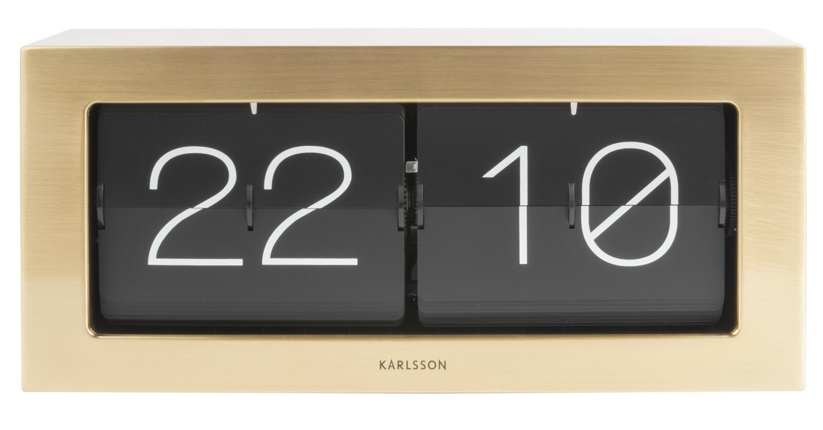 Tischuhr XL mit goldfarbenem Gehäuse und Klappzahlenanzeige, frontal betrachtet