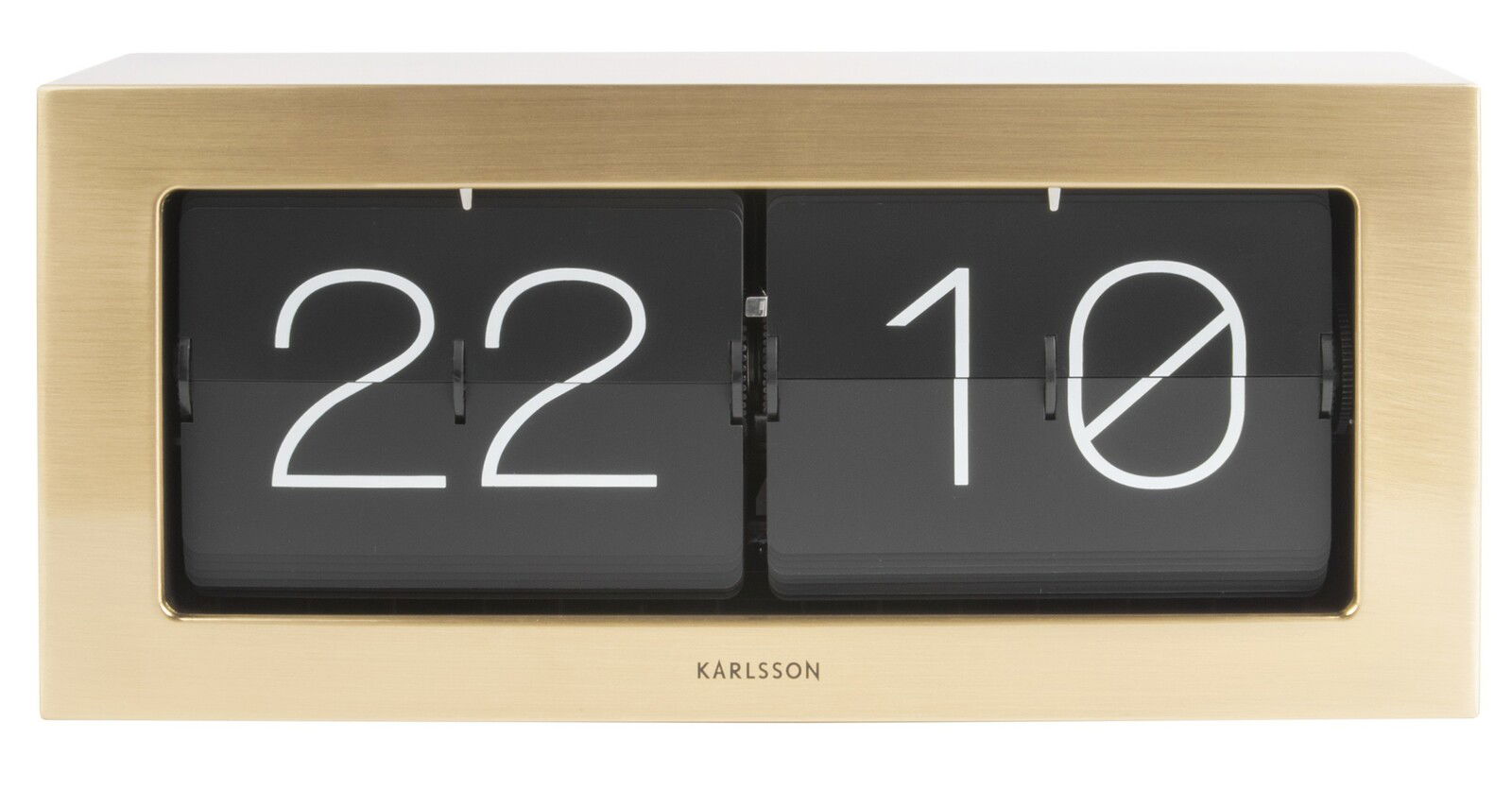 Tischuhr XL mit goldfarbenem Gehäuse und Klappzahlenanzeige, frontal betrachtet