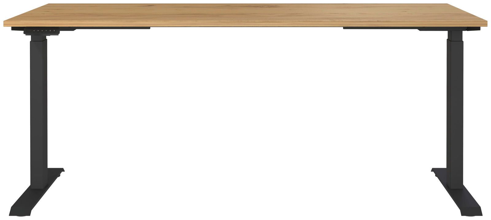 Elektrisch höhenverstellbarer Schreibtisch mit Holzplatte und schwarzen Metallbeinen, Frontalansicht