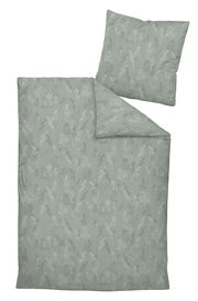 Mako-Satin Bettwäsche-Set in Grau mit floralem Muster, bestehend aus einem Kissenbezug und einem Bettdeckenbezug, aus der Vogelperspektive fotografiert.