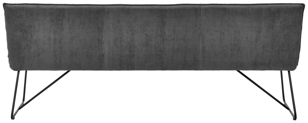 Rückansicht einer modernen Sitzbank mit grauem Stoffbezug und schwarzen Metallbeinen.