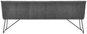 Rückansicht einer modernen Sitzbank mit grauem Stoffbezug und schwarzen Metallbeinen.