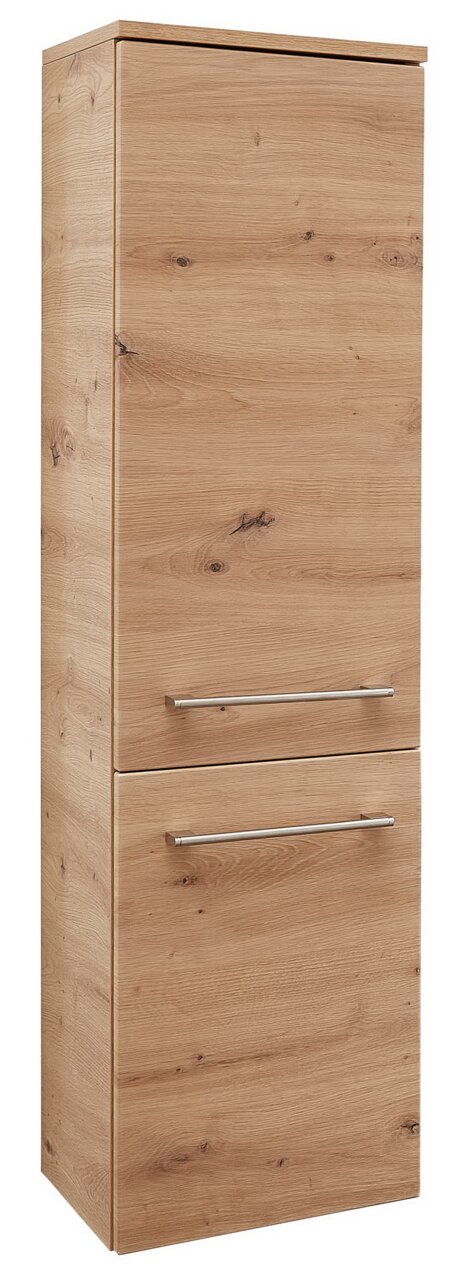 Houten midi-kast met twee deuren en metalen handgrepen, zijaanzicht