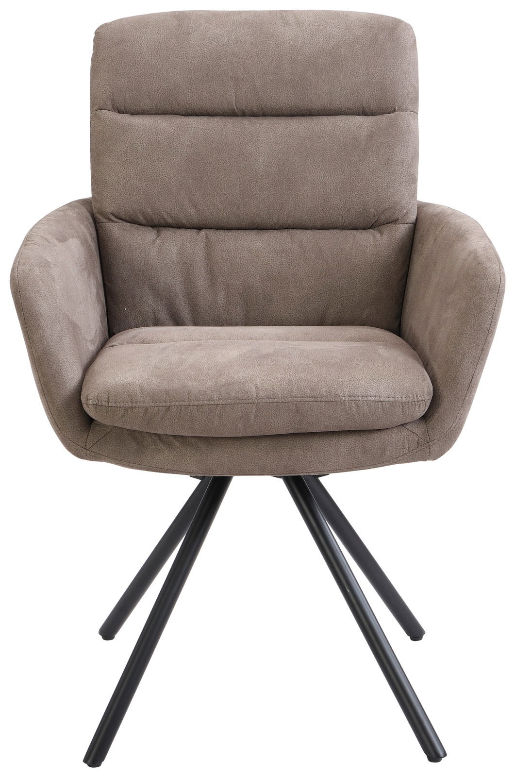 Bequemer Armlehnstuhl in Frontalansicht mit gepolstertem Sitz und Rückenlehne, sowie stabilen Metallbeinen.