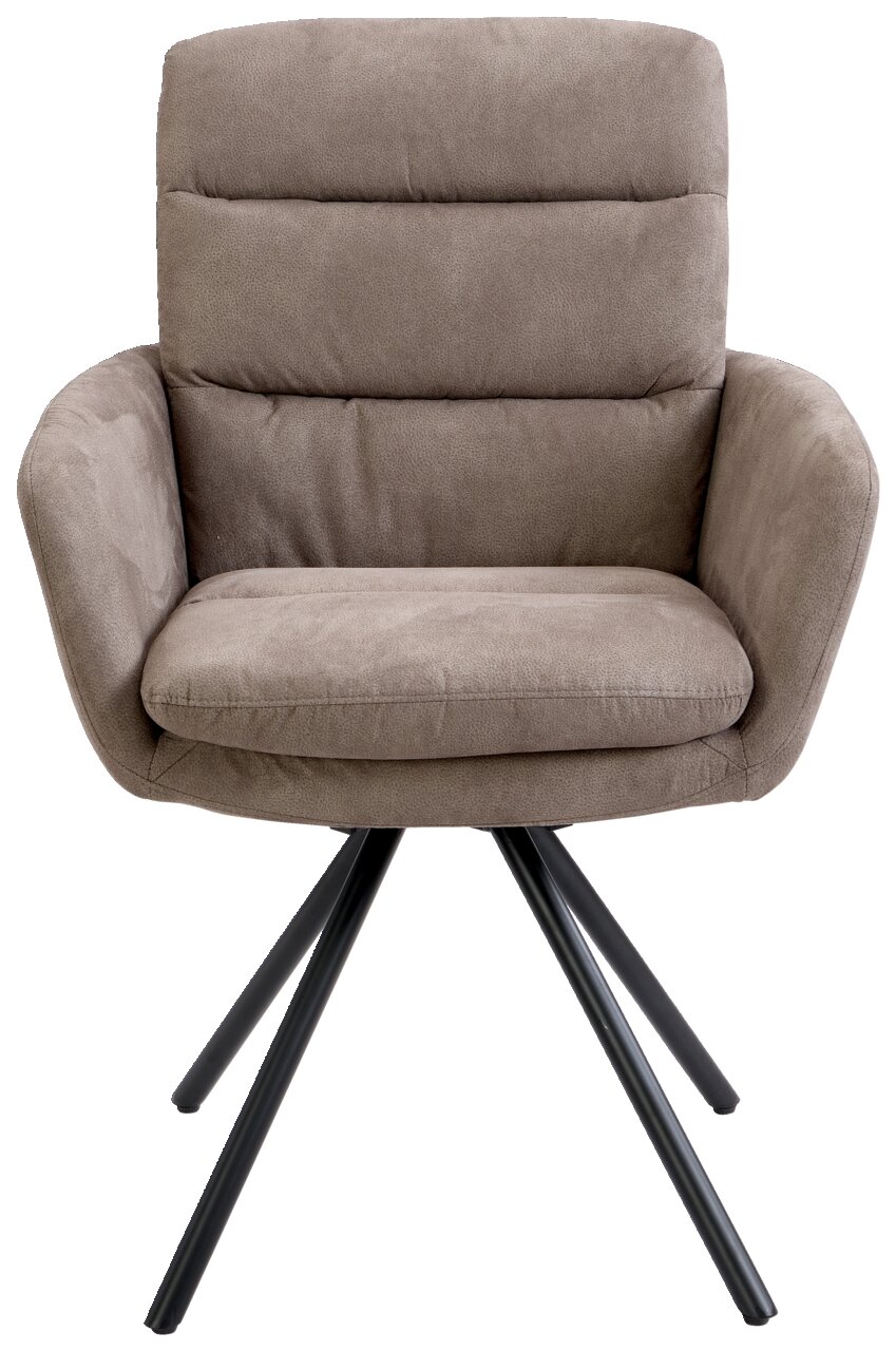 Bequemer Armlehnstuhl in Frontalansicht mit gepolstertem Sitz und Rückenlehne, sowie stabilen Metallbeinen.