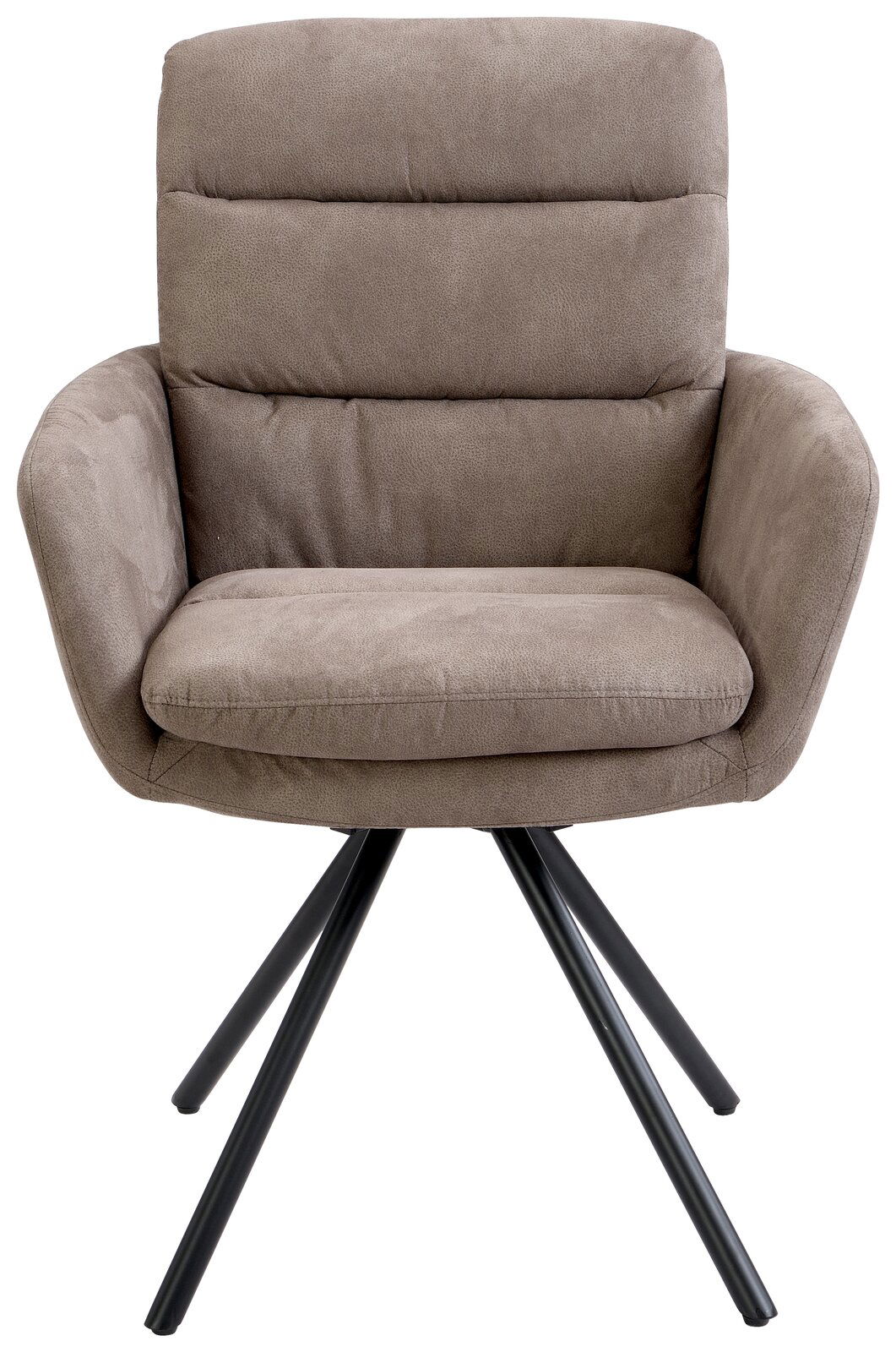 Bequemer Armlehnstuhl in Frontalansicht mit gepolstertem Sitz und Rückenlehne, sowie stabilen Metallbeinen.