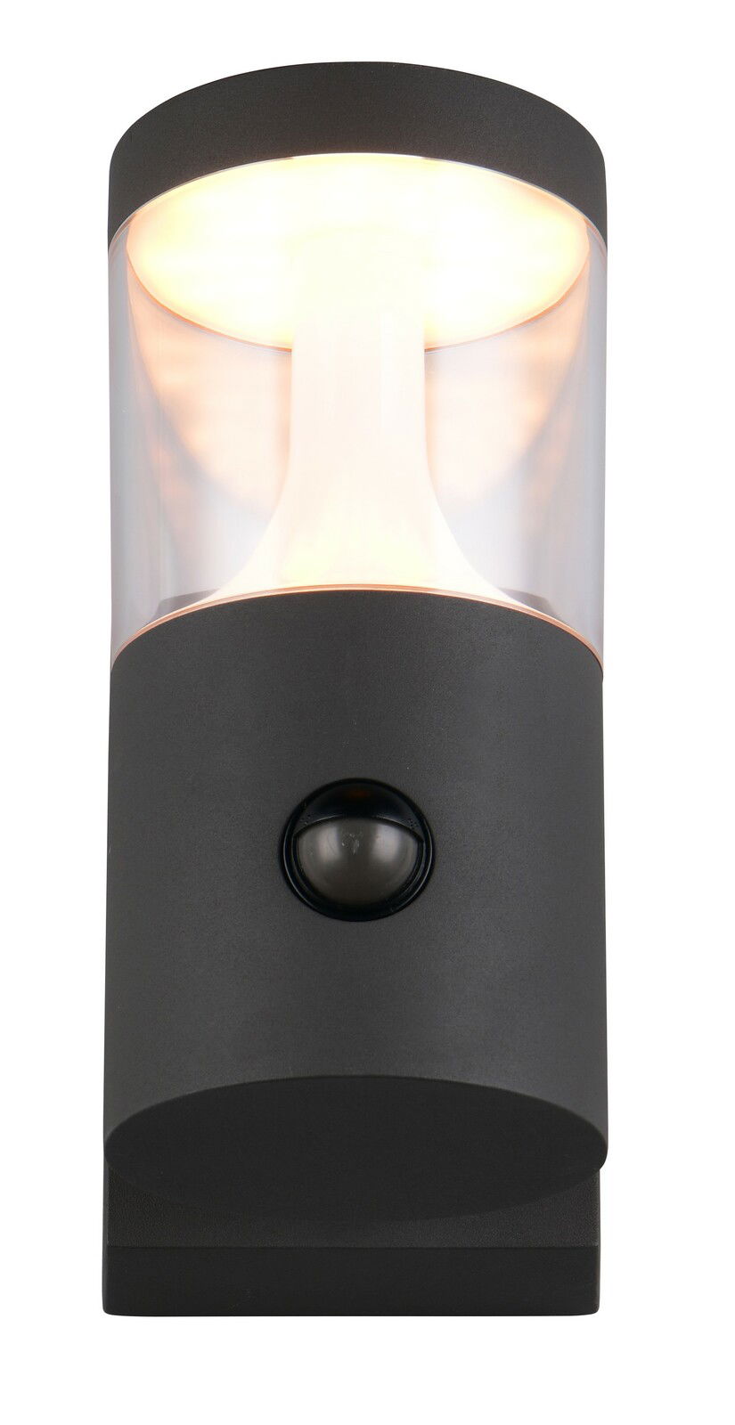 LED-Außenwandleuchte in schwarzem Gehäuse mit integriertem Bewegungsmelder, frontal betrachtet.