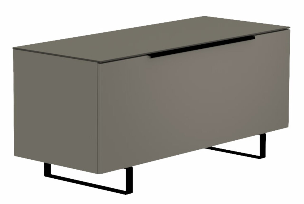 Modernes TV-Lowboard in grauer Farbe mit schwarzem Griff und Metallbeinen, seitliche Perspektive