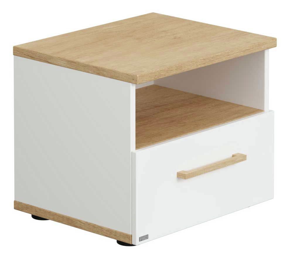 Nachtkommode aus Holz mit weißem Korpus, einer Schublade und einem offenen Fach, seitliche Perspektive