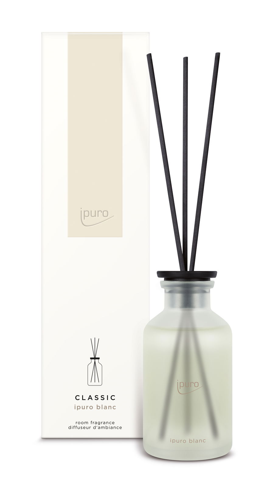Ipuro Classic blanc Raumduft 240ml mit eleganter Glasflasche und schwarzen Duftstäbchen, frontal abgebildet vor der Verpackung.