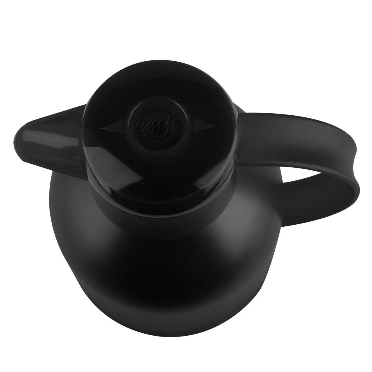 Schwarze Isolierkanne SAMBA von oben betrachtet mit ergonomischem Griff und glänzendem Deckel.